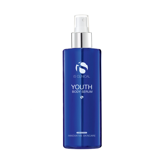 A bottle of Clinical SkinCare Youth Body Serum with a blue label and white cap, designed for cosmetic skin care.