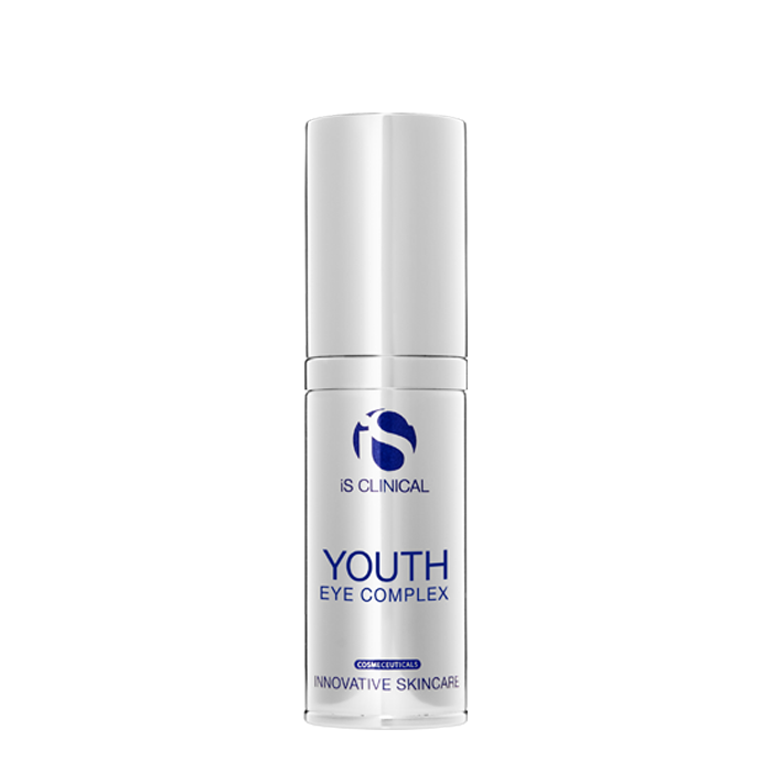 A pump bottle of Youth Eye Complex by Is Clinical, designed for skincare with a white and blue label.
