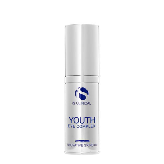 A pump bottle of Youth Eye Complex by Is Clinical, designed for skincare with a white and blue label.