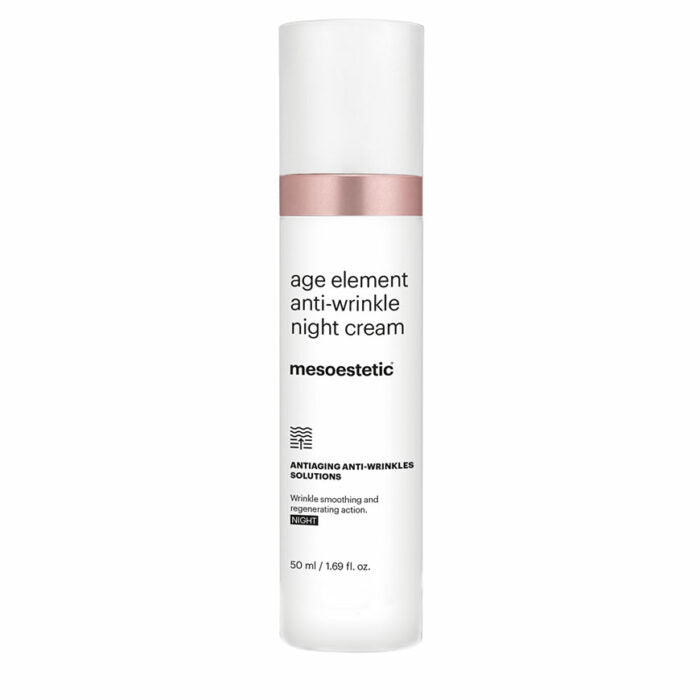 A pump bottle of Age Element Anti-Wrinkle Night Cream by Mesosetic, with a white and pink label, indicating its anti-aging properties.
