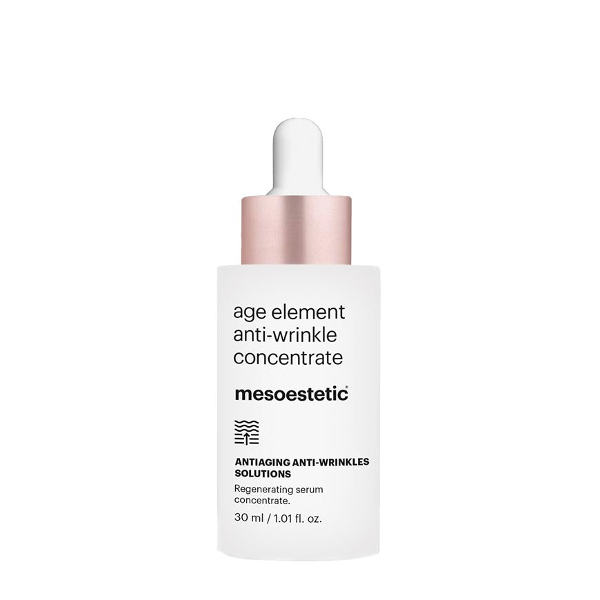 A white bottle with a dropper containing the Age Element Anti-Wrinkle Concentrate by Mesoestetic.