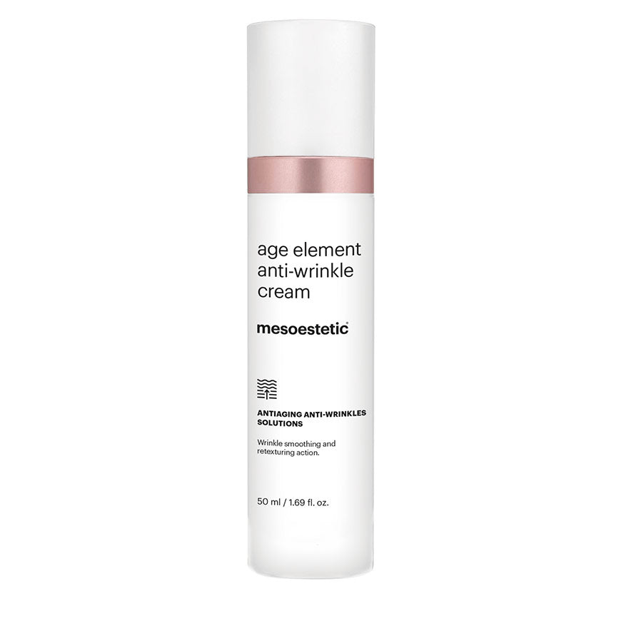 A pump bottle of Age Element Anti-Wrinkle Cream by Mesos Cosmetics, with the product description and ingredients listed on the label.