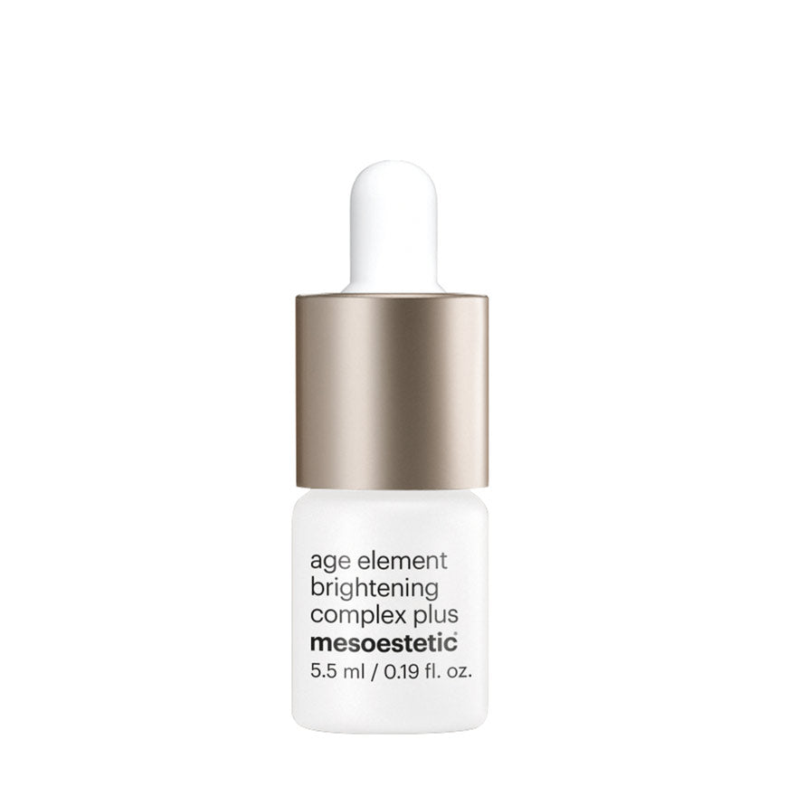 A bottle of Mesoestetic Age Element Brightening Complex Plus with a white label and a capacity of 5.5ml.