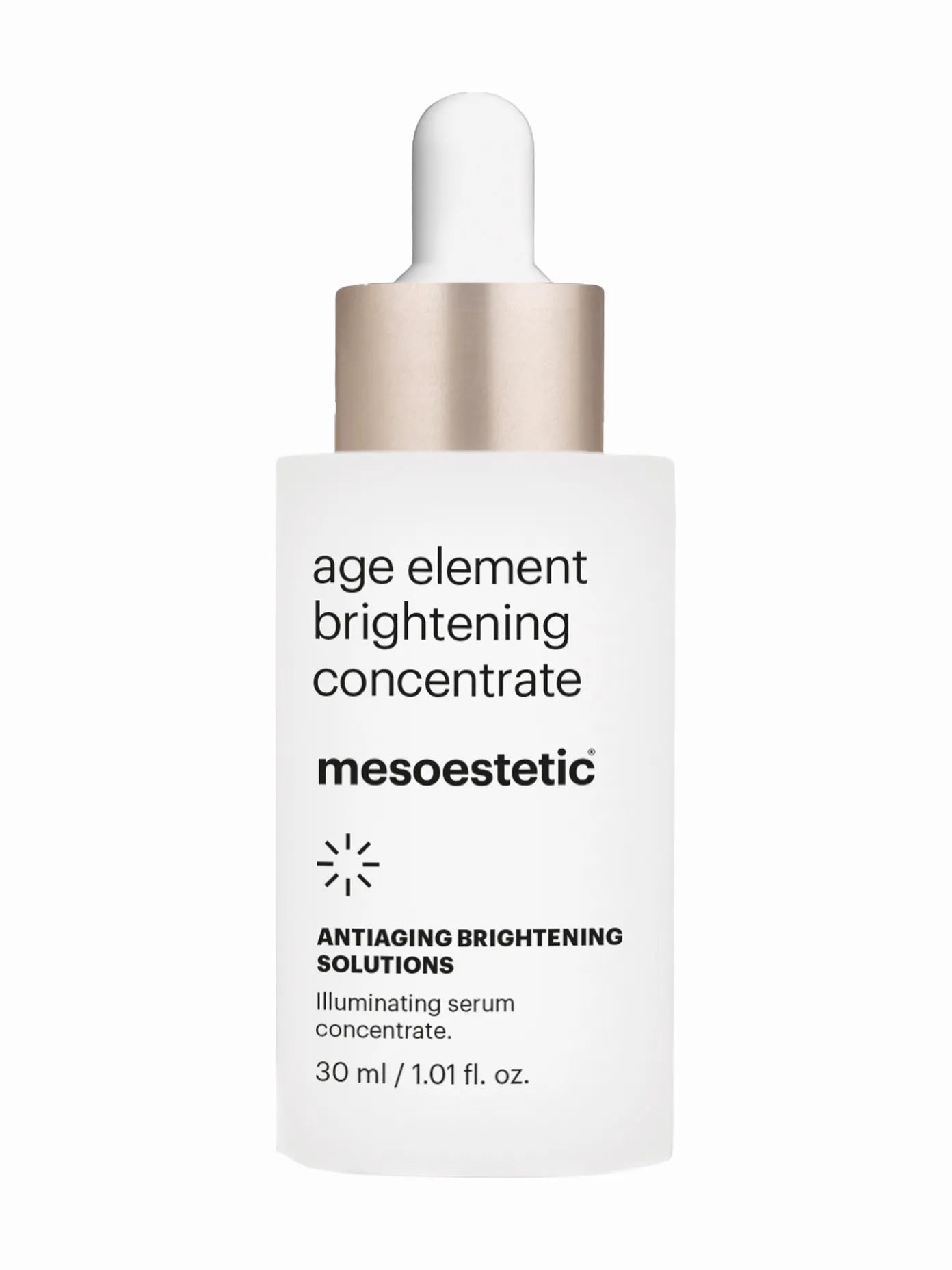 A bottle of Mesoestetic age element brightening concentrate with a dropper, labeled for anti-aging and brightening solutions, 30ml in size.