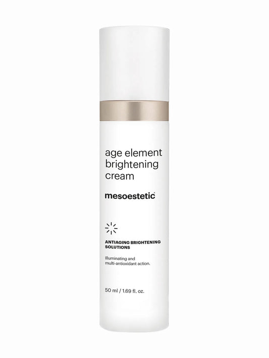 A white pump bottle labeled 'Age Element Brightening Cream' by Mesoestetic.