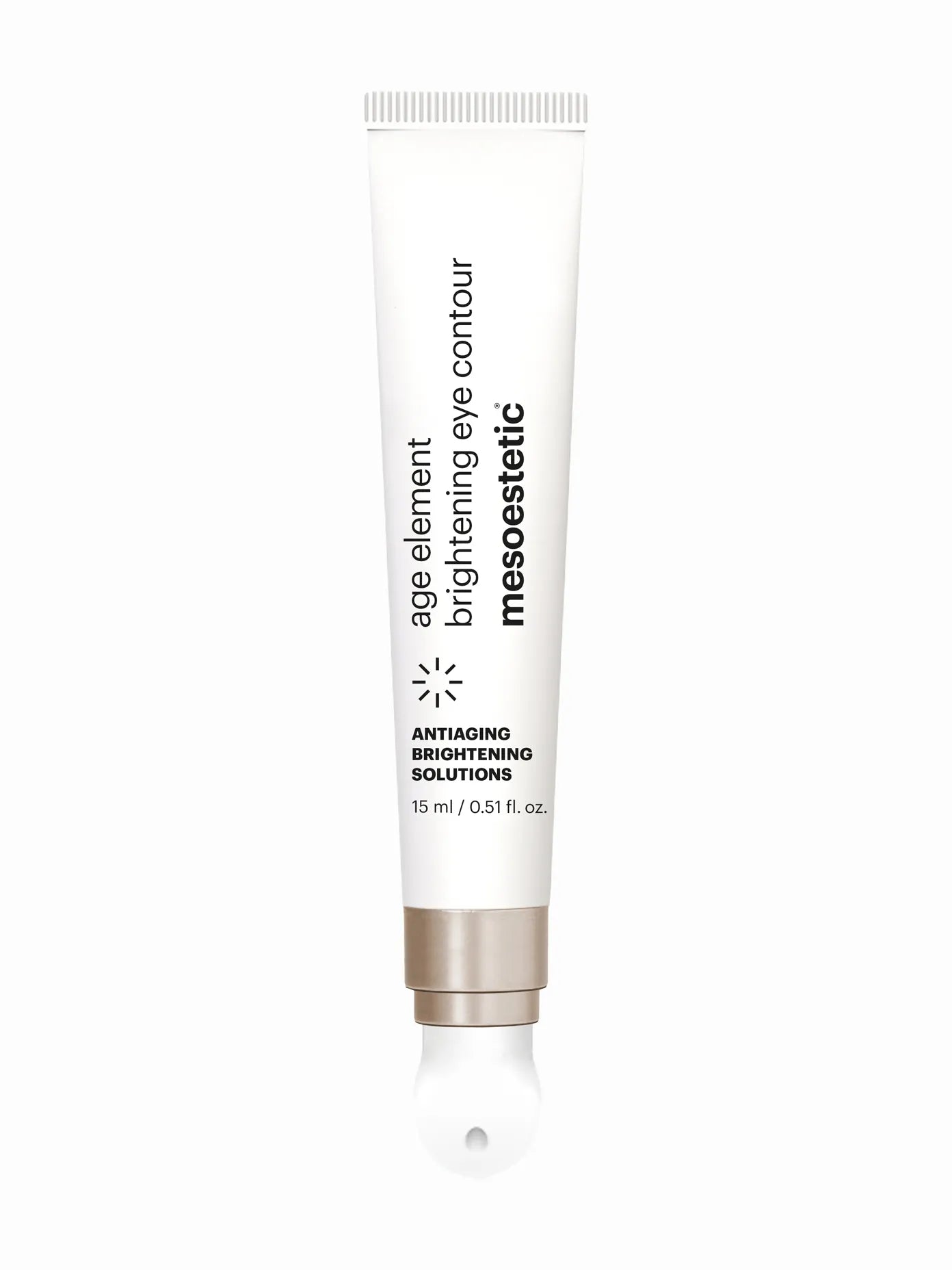 White tube of Mesoestetic age element brightening eye contour gel in 15ml packaging