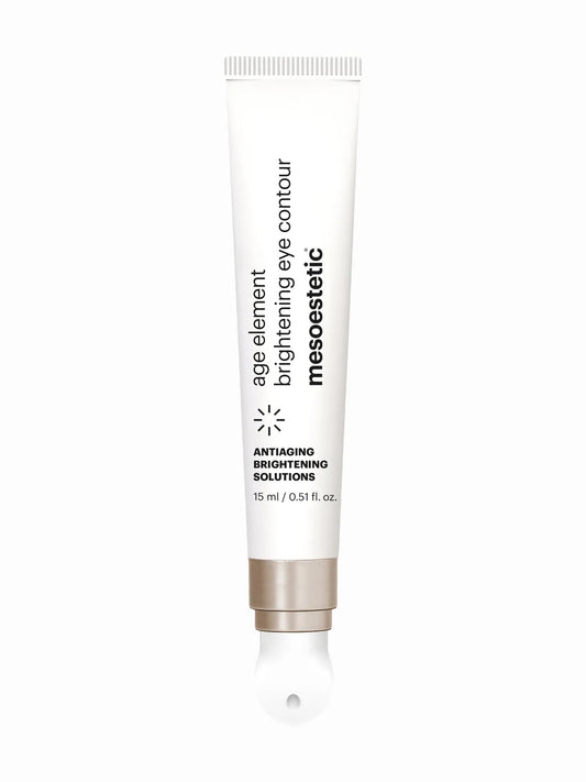 White tube of Mesoestetic age element brightening eye contour gel in 15ml packaging