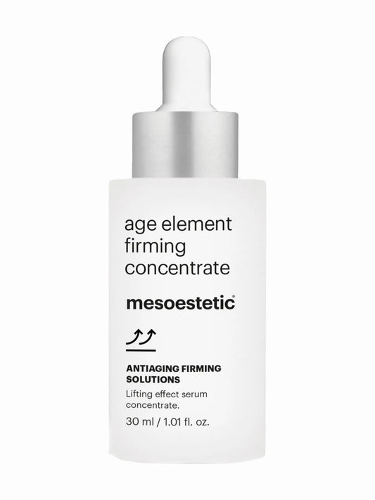 A white, cylindrical bottle with a dropper dispenser labeled 'age element firming concentrate' with the brand 'mesoestetic' below. The bottle is 30ml in size and intended for anti-aging firming solutions.