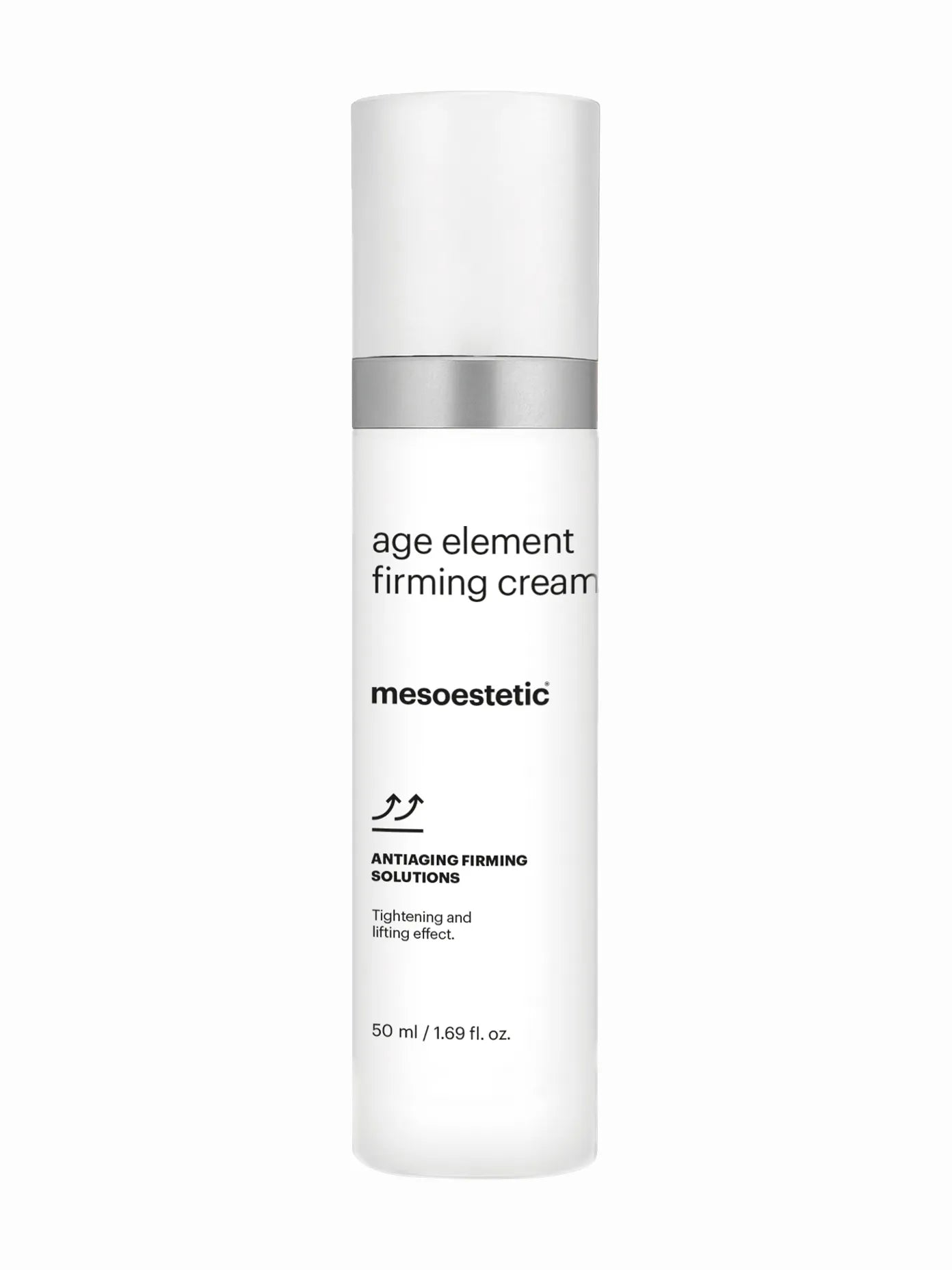 A white pump bottle labeled 'age element firming cream' from the brand Mesoestetic.