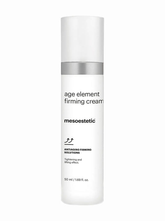 A white pump bottle labeled 'age element firming cream' from the brand Mesoestetic.