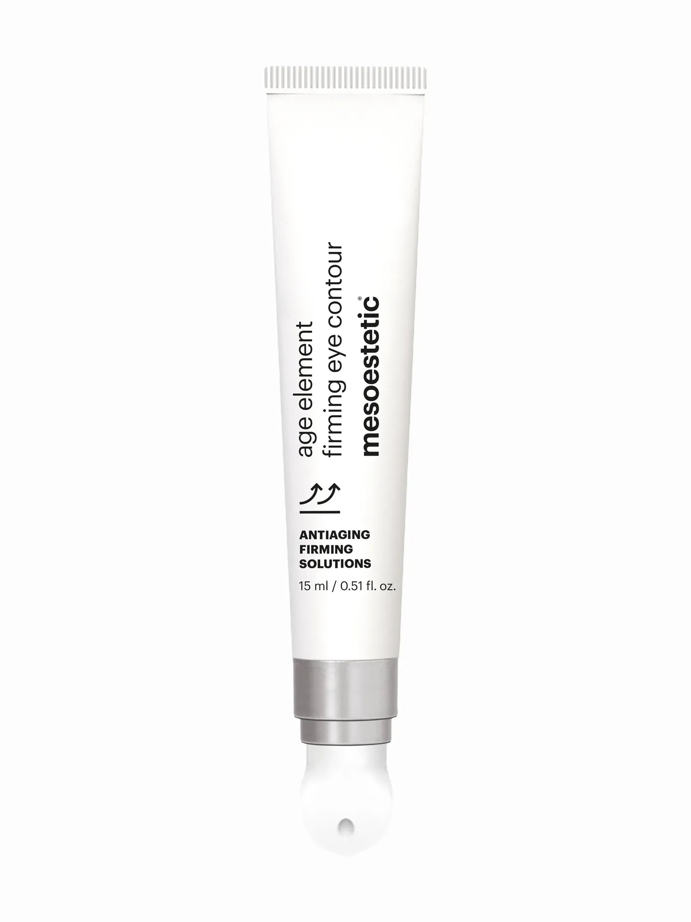A tube of Mesoestetic age element firming eye contour gel-cream with a white and silver color scheme.