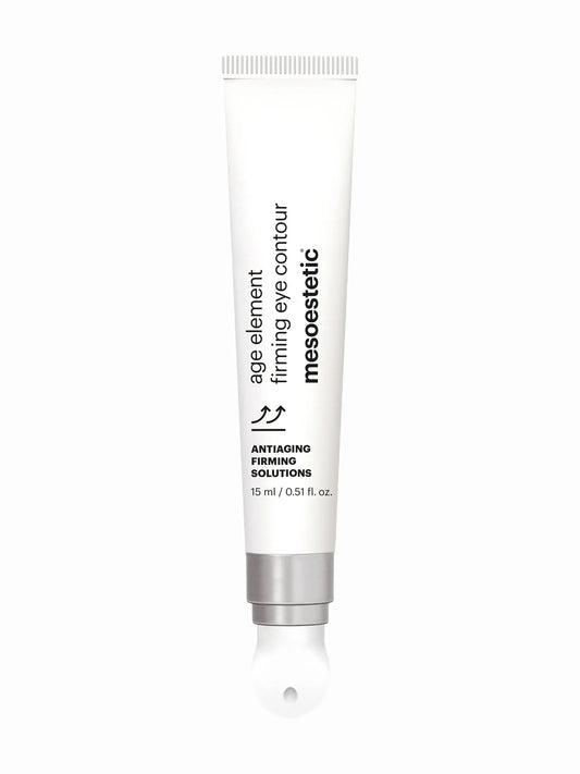 A tube of Mesoestetic age element firming eye contour gel-cream with a white and silver color scheme.