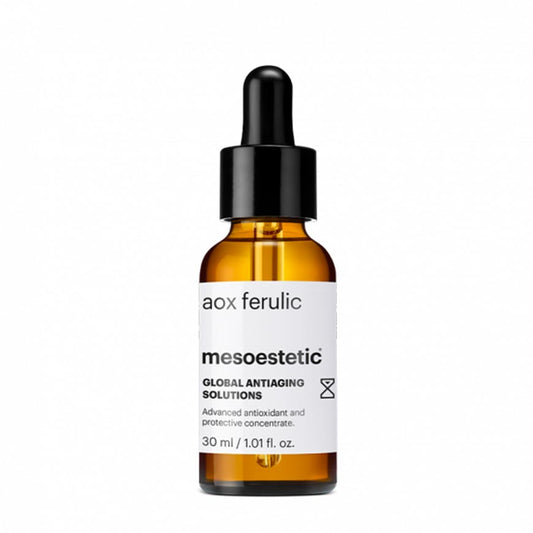 A dropper bottle of Aox Ferulic Mesostic Global Antioxidant, which is an advanced antioxidant and global anti-aging treatment.