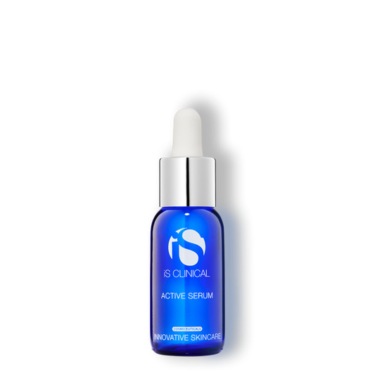 A blue bottle with a white dropper labeled 'iS Clinical Active Serum' for skincare.