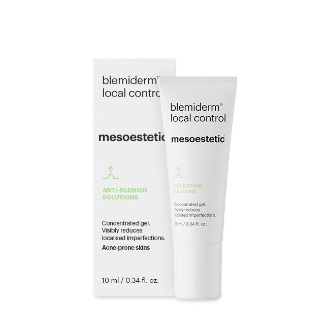 A tube and packaging of 'Blemiderm Local Control' by Mesoestetic, designed for skincare.