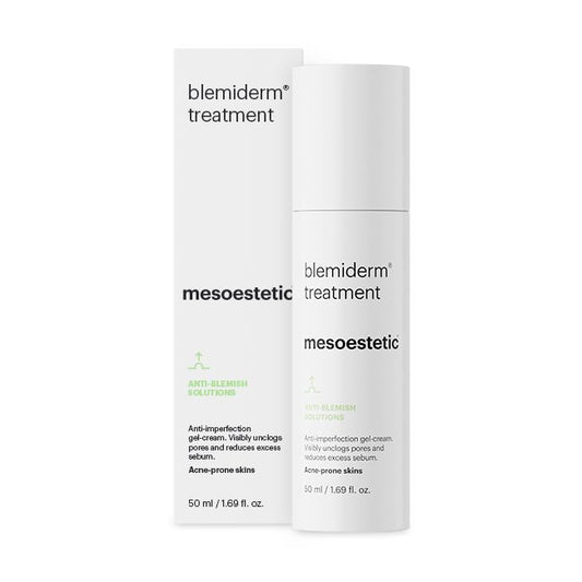 A skincare product named 'blemiderm Treatment' by Mesoestetic, packaged in a white bottle with green and black text, accompanied by its box which has matching color scheme.