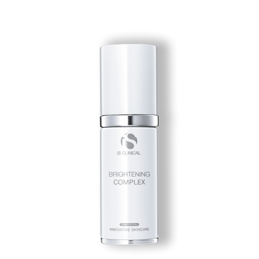 A white bottle with a pump dispenser labeled 'Brightening Complex' from iS Clinical.