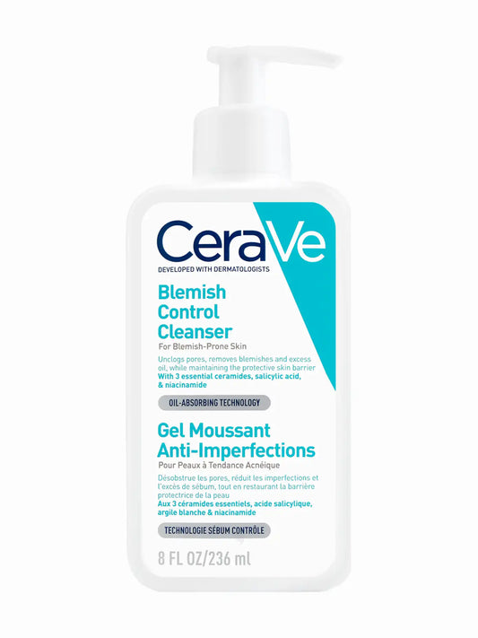 CeraVe Blemish Control Cleanser packaging, a pump bottle with white and teal labeling.