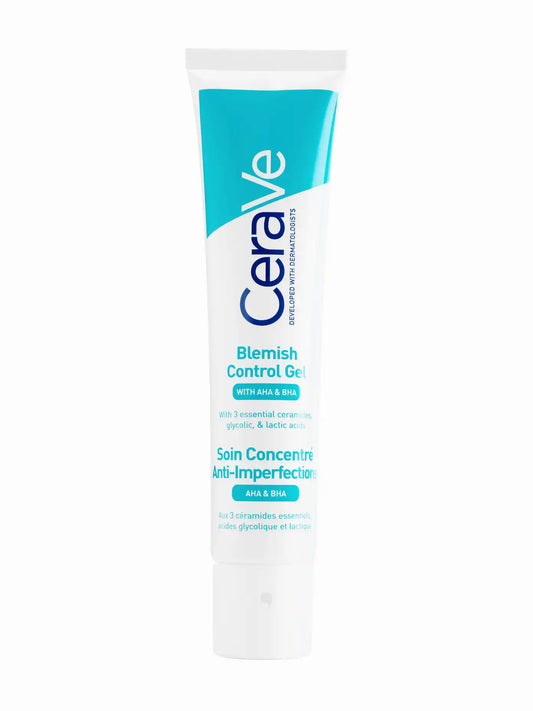 CeraVe Blemish Control Gel tube packaging with blue and white color scheme.