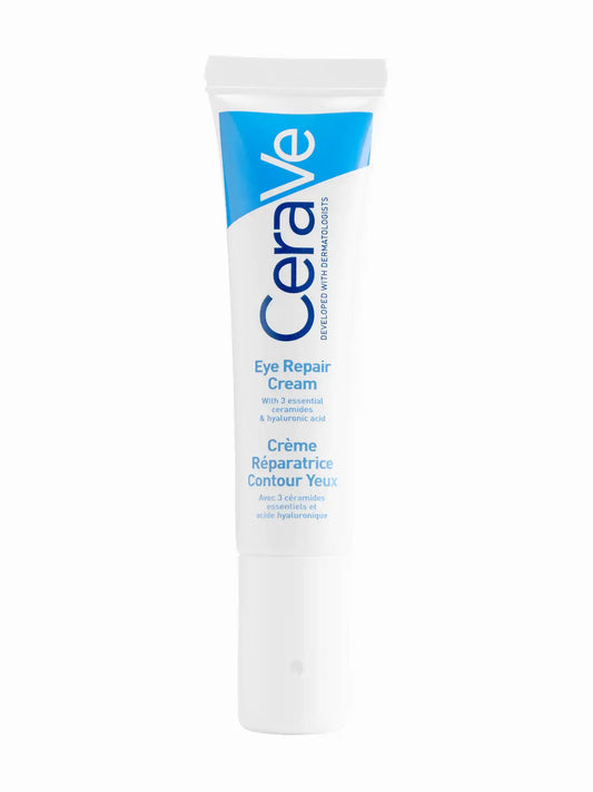 A tube of CeraVe Eye Repair Cream with blue and white packaging.
