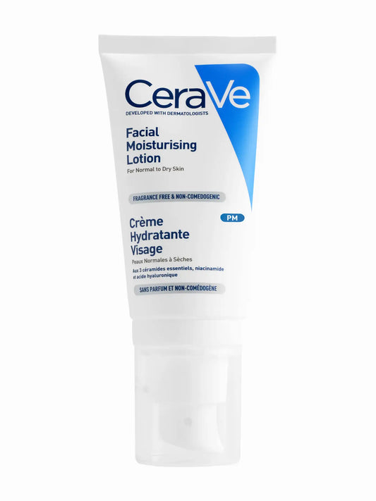 A tube of CeraVe Facial Moisturising Lotion with blue and white packaging.