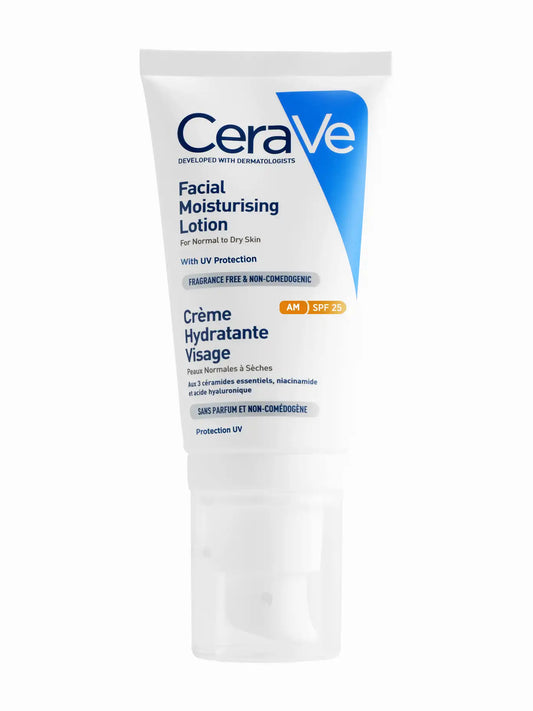 CeraVe Facial Moisturising Lotion SPF in a white tube with blue and orange accents, designed for normal to dry skin.