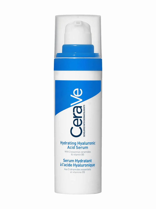 A bottle of CeraVe Hydrating Hyaluronic Acid Serum with a white and blue label.