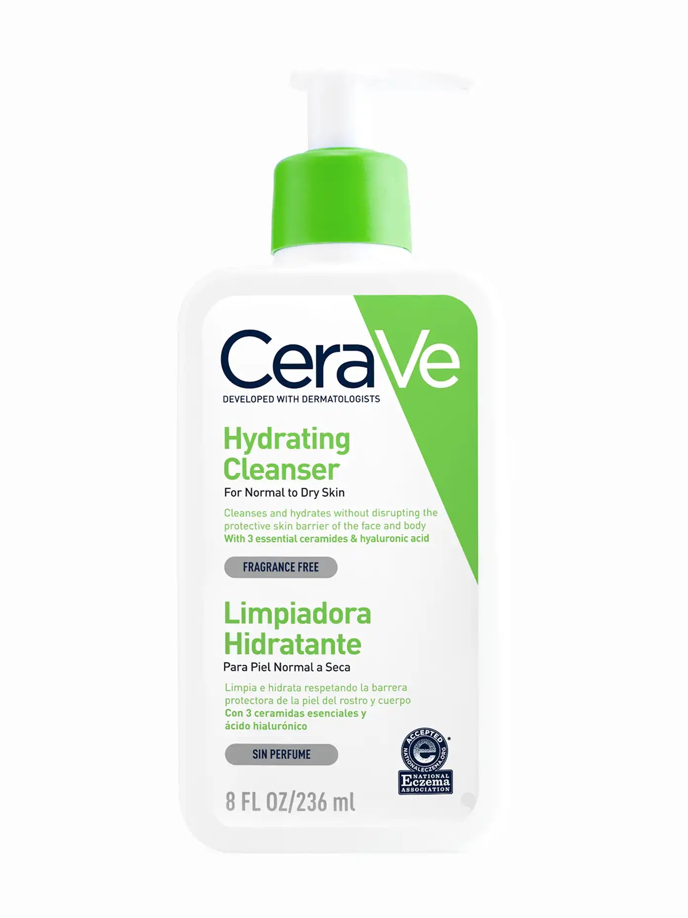 A pump bottle of CeraVe Hydrating Cleanser with a green and white label, indicating that it is formulated with hyaluronic acid and intended for sensitive skin.