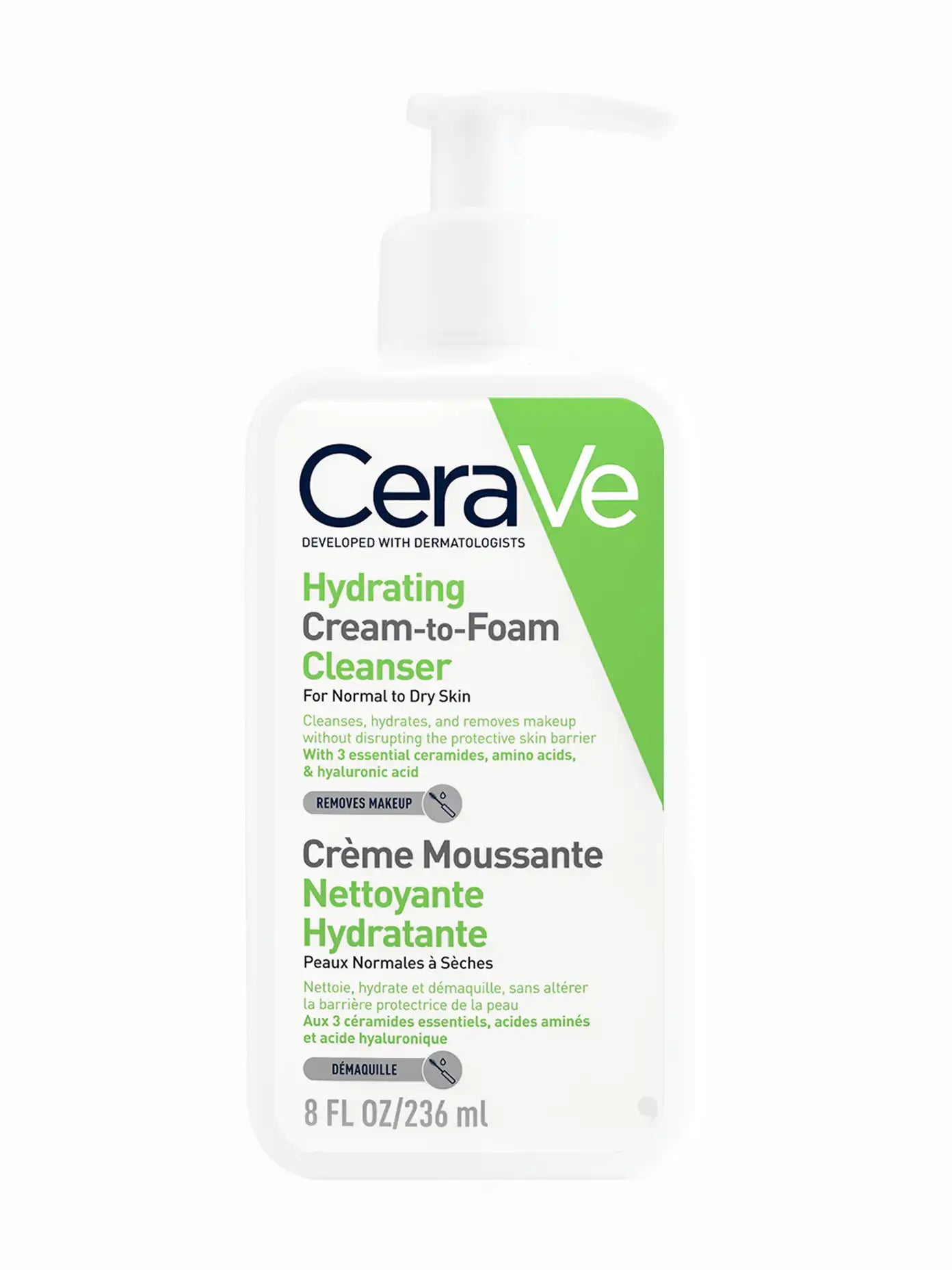 A pump bottle of CeraVe Hydrating Cream-to-Foam Cleanser for normal to dry skin, with key ingredients listed on the label.