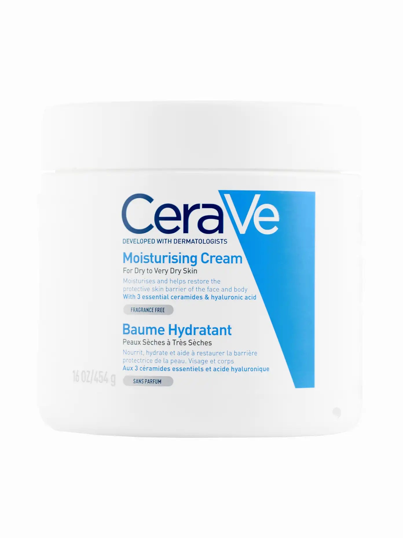 A jar of CeraVe Moisturising Cream with blue and white packaging.