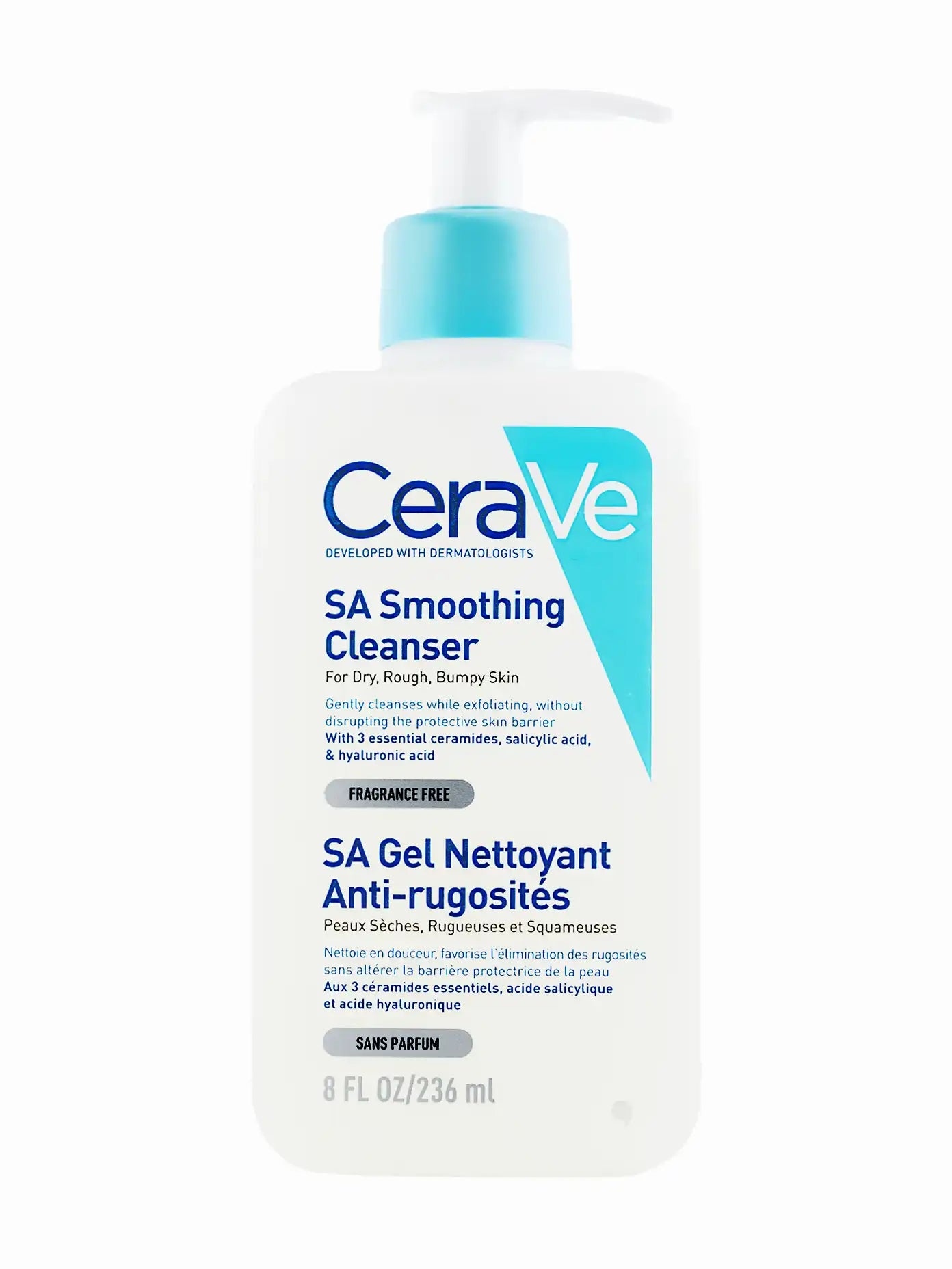 A pump bottle of CeraVe SA Smoothing Cleanser with blue and white labeling.