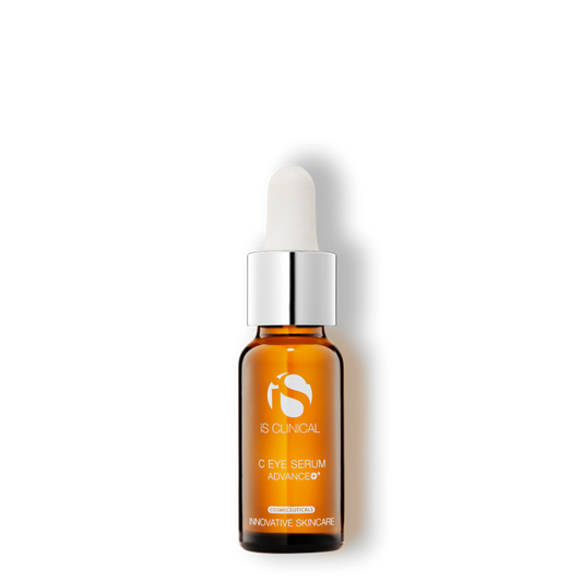 A bottle of C Eye Serum Advanced+ with a dropper, against a black background. The label displays the product name and indicates it's a clinical skincare item.
