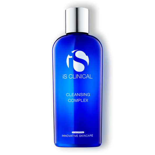 A blue bottle of 'Cleansing Complex' by Is Clinical, with text indicating it is a cleansing gel for the skin.