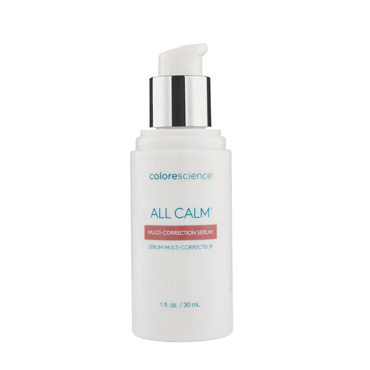 A bottle of COLORESCIENCE All Calm Multi-Correction Serum with a pump dispenser, labeled for calming sensitive skin.