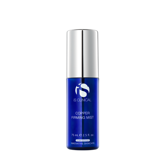 A blue bottle of Copper Firming Mist by iS Clinical designed for skincare.