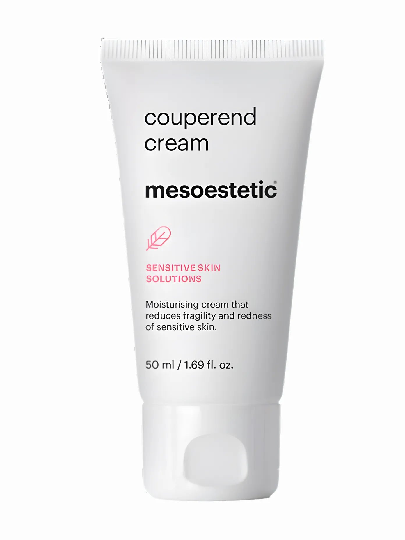 Tube of Mesoestetic couperend cream in white packaging with text detailing the product name and benefits for sensitive skin.