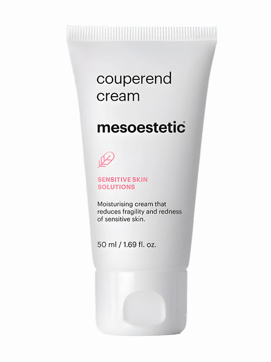 Tube of Mesoestetic couperend cream in white packaging with text detailing the product name and benefits for sensitive skin.
