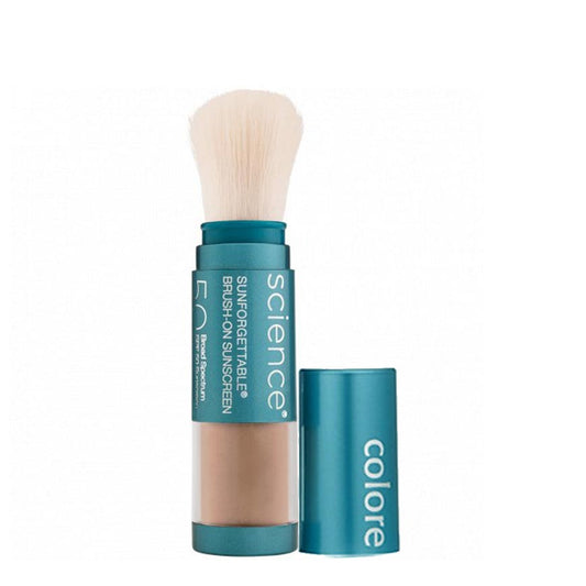 A Colorescience Mineral Sunscreen Brush with SPF 50, in a teal container, with the cap off and a brush applicator visible.