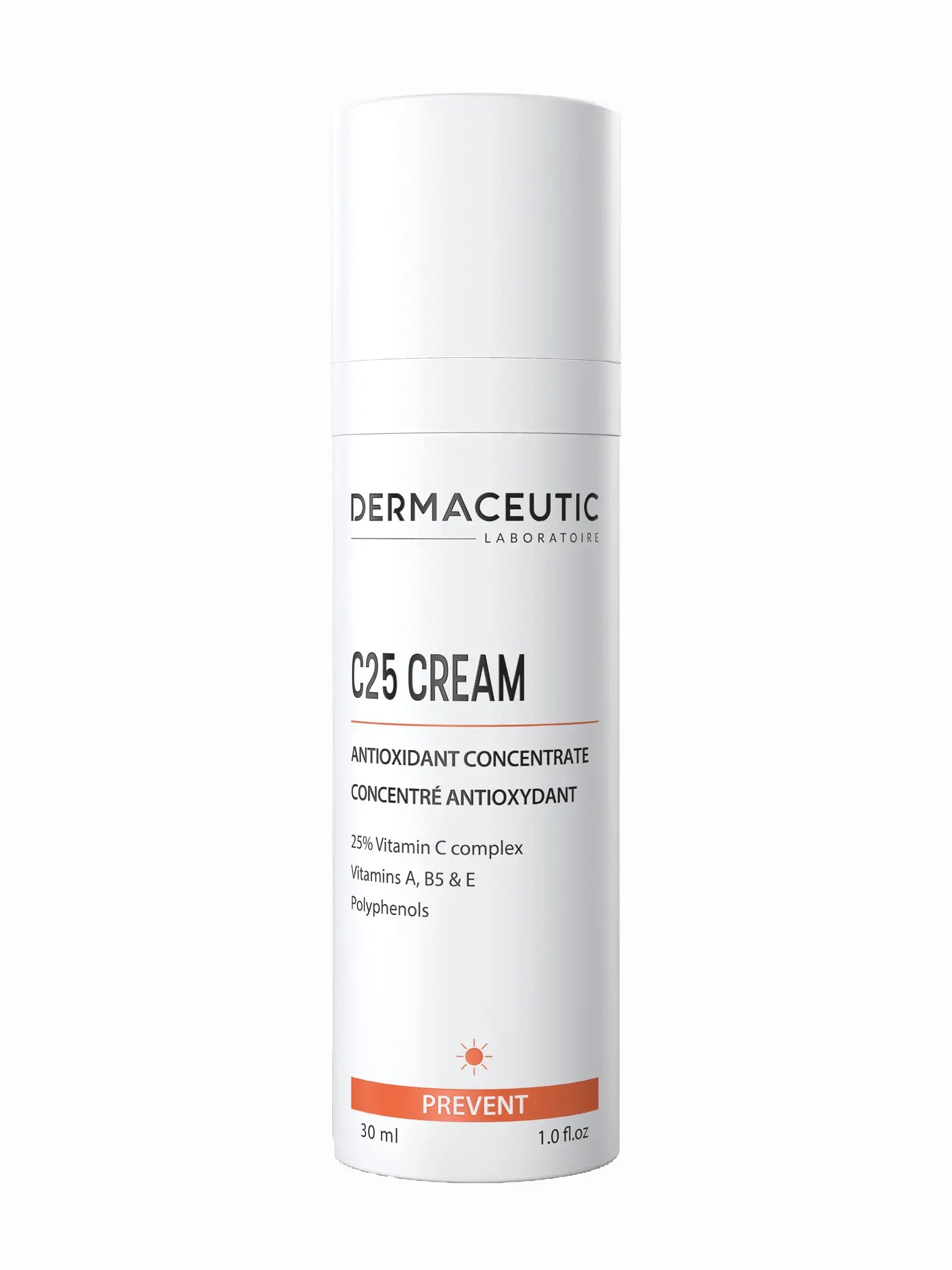A white tube packaging of Dermaceutic C25 Cream with product details and branding on it.