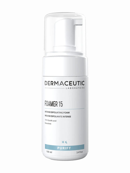 A white pump bottle labeled Dermaceutic Foamer 15, designed for exfoliating the skin.