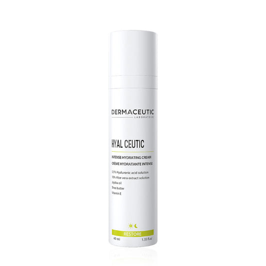 A tube of Dermaceutic Hyal Ceutic intense 24hr moisturising cream with hyaluronic acid.