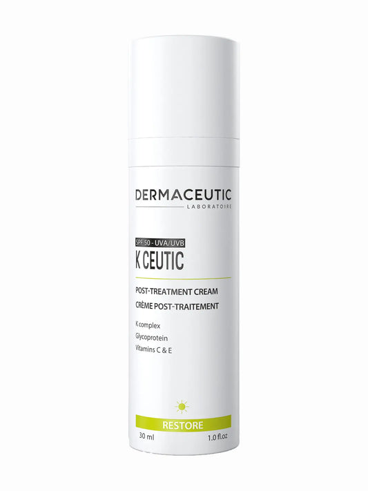 A bottle of Dermaceutic K-Ceutic post-treatment recovery cream.