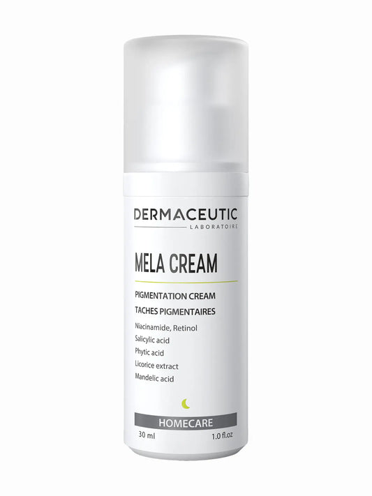 A tube of Dermaceutic Mela Cream, which is a pigmentation cream for the skin.