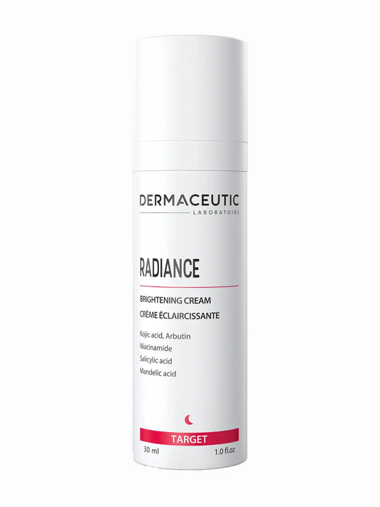 A bottle of Dermaceutic Radiance brightening cream with a white label and red accents.