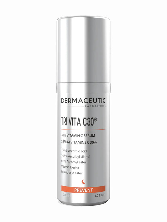 A bottle of Dermaceutic Tri Vita C30 serum, which is a skincare product containing Vitamin C for antioxidant protection.