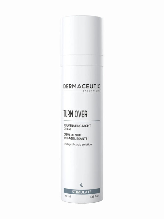 A white pump bottle labeled 'DERMACEUTIC TURN OVER' containing a skincare product.