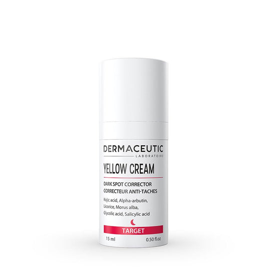 A tube of Dermaceutic Yellow Cream with text indicating it is a cream for dark spot correction and pigmented anti-wrinkle targeting.