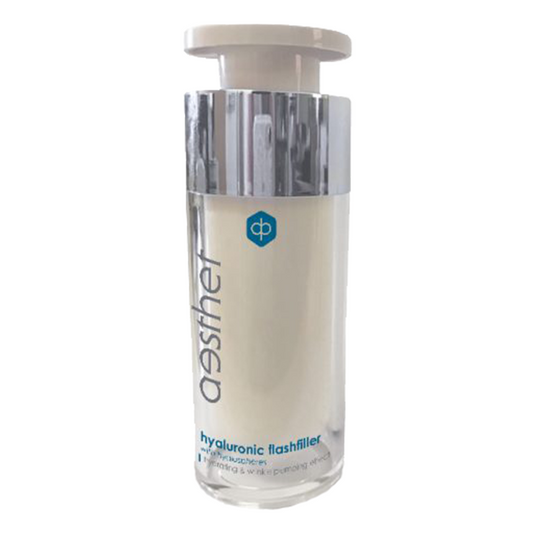 A bottle of Essel Aesthet Hyaluronic Flashfiller skincare product.