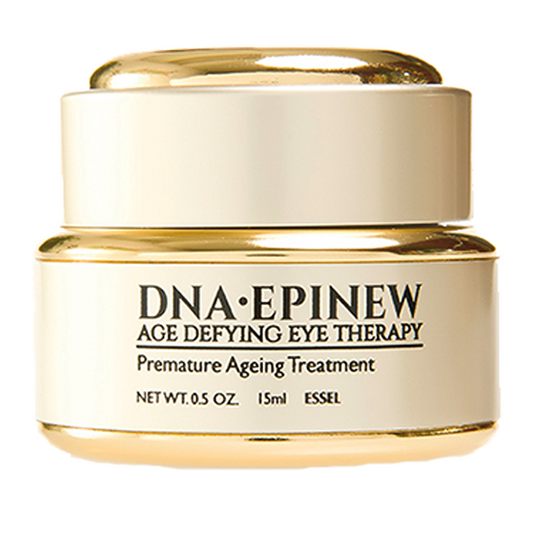 A jar of Essel DNA-EPINEW Age Defying Eye Cream with a white label and gold accents.
