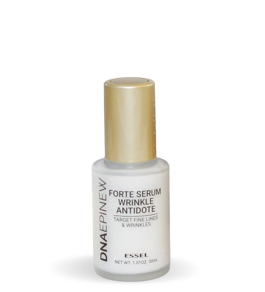A bottle of Essel DNA-EPINEW Forte Serum Wrinkle Antidote with a white label and a gold cap.